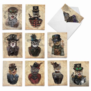 10 Assorted Thank You Notecards  Set 4 x 5.12 Inch with Envelopes (10 Designs, 1 Each) STEAMPUNK CATS: Assorted Pack Of 10 Mini Note...