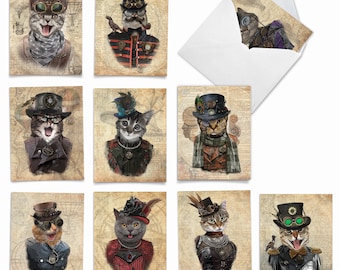 10 Assorted Thank You Notecards  Set 4 x 5.12 Inch with Envelopes (10 Designs, 1 Each) STEAMPUNK CATS: Assorted Pack Of 10 Mini Note...