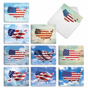 20 Assorted Independence Day Notecards Bulk Set 4&quot;x5.12&quot;(10 Designs, 2 Each) Flag Maps | Envelope(s) Included | Made in the USA