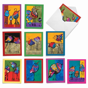 May include: Set of 10 colorful greeting cards featuring whimsical bird illustrations. Each card has a different design with bright colors and patterns. The cards are perfect for sending a cheerful message.