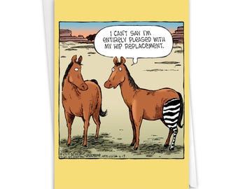 Humorous Get Well Greeting Card with 5 x 7 Inch Envelope - Horse Hip Replacement - Brown Horse with Zebra Striped Leg