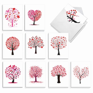 The Best Card Company - 20 Assorted Valentines Day Card Pack (4 x 5.12 Inch) - 10 Designs, 2 Each - Love Trees AM3185VDG-B2x10