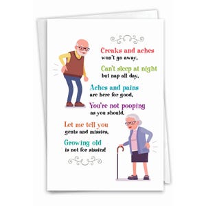 Funny Birthday Greeting Card w/ Envelope - Creaks and Aches - Old Man and Woman w/ Glasses and Cane, For Him For Her
