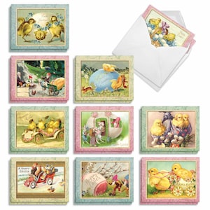 May include: A collection of ten rectangular Easter greeting cards featuring vintage-style illustrations of yellow chicks, rabbits, and gnomes in various scenes, accompanied by a white envelope. Each card has a decorative border and text.