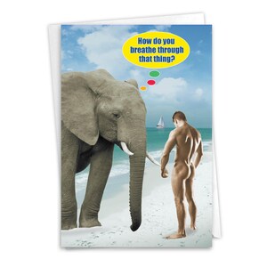 Funny Birthday Greeting Card w/ Envelope (1 Card) Bday Breathe Through That - Elephant Looking at Naked Man, For Him For Her