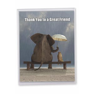 May include: A greeting card featuring an elephant and a small dog sitting on a wooden bench on a sandy beach during a rainstorm. The elephant holds a white umbrella over the dog. The text reads, Thank You to a Great Friend.