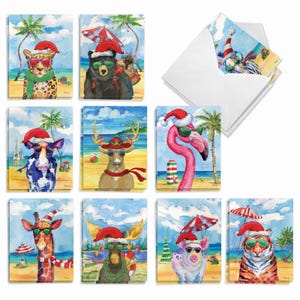 20 Assorted Christmas Notecards Set 4"x5.12"(10 Designs, 2 Each) Holiday Beach Animals | Envelope(s) Included | Made in the USA
