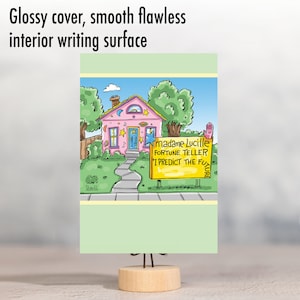 May include: A pink house with a sign that reads "madame Lucille FORTUNE TELLER I PREDICT THE FUTURE". The house has a blue door and stars on the front. The house is surrounded by green grass and a sidewalk.