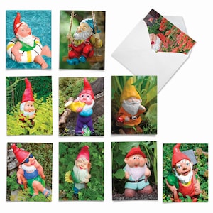 May include: Set of 10 greeting cards featuring colorful garden gnomes in various poses. The gnomes are depicted in a variety of settings, including a pool, a swing, and a garden. The cards are blank inside for writing messages.