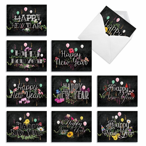 10 Assorted New Year Notecards Pack Set 4 x 5.12 Inch with Envelopes (10 Designs, 1 Each) New Year Chalk and Roses: 10 Assorted New Year...
