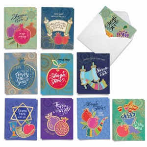 20 Assorted Rosh Hashanah Note Cards Bulk Pack 4 x 5.12 Inch w/ Envelopes (10 Designs2 Each)  Lshana Tova, For Him For Her