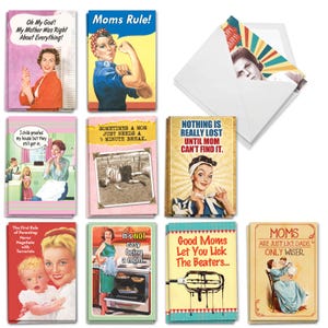 May include: A collection of vintage-style greeting cards with humorous messages about motherhood. The cards feature retro illustrations and text like "Moms Rule!" and "Good Moms Let You Lick The Beaters..." in various colors.
