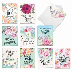 10 Assorted Get Well Notes Pack Set 4 x 5.12 Inch w/ Envelopes (10 Designs, 1 Each) Get Well Florals, For Him For Her