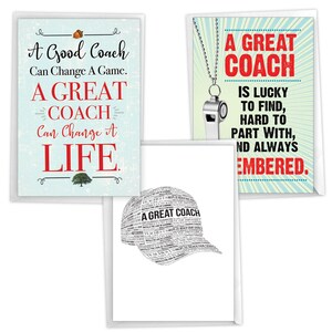 May include: Three greeting cards featuring coach-themed designs. One card has a light blue background with an acorn, a tree, and the text A Good Coach Can Change A Game. A GREAT COACH Can Change A LIFE. Another card shows a silver whistle on a chain with the text A GREAT COACH IS LUCKY TO FIND, HARD TO PART WITH, AND ALWAYS REMEMBERED. The third card displays a baseball cap graphic composed of small text.