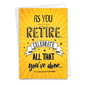 Funny Retirement Greeting Card w/ Envelope (1 Card) As You Retire - Stars and Lines on Yellow Background, For Him For Her