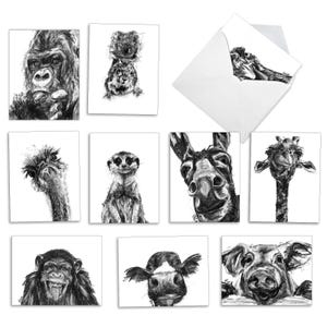 10 Assorted Blank All Occasions Note Cards Set 4&quot;x5.12&quot;(10 Designs, 1 Each) Charcoal Animals | Envelope(s) Included | Made in the USA