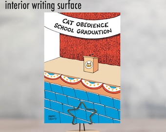 Funny Graduation Greeting Card w/ Envelope (1 Card) Cat Obedience School - Empty Stage for Feline Commencement, For Him For Her