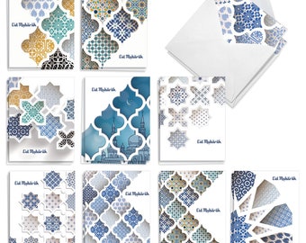 20 Assorted Eid Mubarak Notes Set 4 x 5.12 Inch with Envelopes (10 Designs, 2 Each) Eid Mubarak Dimensions