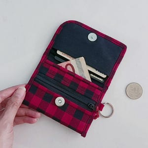 Slim Wallet Keychain, Vegan Coin Wallet, Keychain Card Holder, Coin Purse Keychain, Minimalist Wallet, Mini Bifold Wallet- Red Buffalo Check