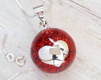 22mm .925 Sterling Silver, Red Resin & Glitter Harmony Ball with Heart in the Center, Shake to Hear the Soothing Chime, Mom to Be Gift