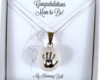 22mm White Resin & Silver Harmony Ball Necklace with Baby Hand Print with Heart Cutout, Shake to Hear the Soothing Chime, Mom to Be Gift