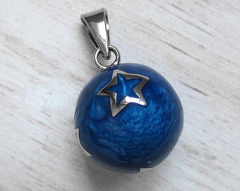 22mm Deep Blue Resin Harmony Ball with Stationed Silver Stars Encircling the Sphere, A bell Inside the Ball Produces a Soothing Chime