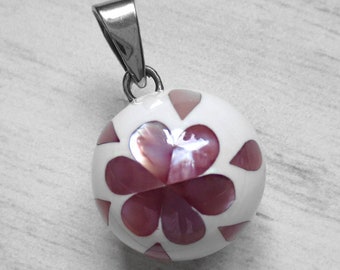 22mm White Resin & Lovely Pink Abalone Shell Flower, Harmony Ball, Chime Ball, Shake to Hear the Gentle, Soothing Chime, Rainbow Baby Gift