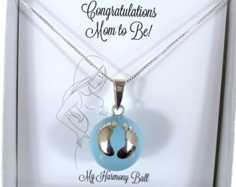 22mm Handmade Blue Resin Harmony Ball Necklace with Silver Baby Foot Prints