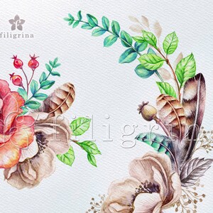 Boho WATERCOLOR Floral Clip Art. Flowers, bouquet, wreath, scull, wild, wedding, tribal, boho, rustic decor. 20 elements. Read about usage image 3