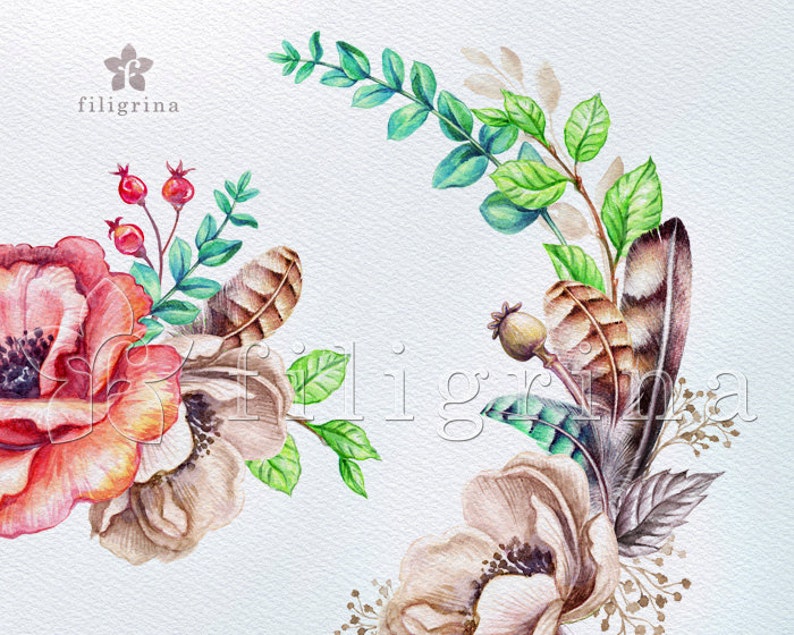 Boho WATERCOLOR Floral Clip Art. Flowers, bouquet, wreath, scull, wild, wedding, tribal, boho, rustic decor. 20 elements. Read about usage image 3