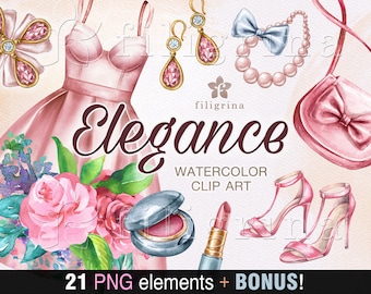 ELEGANCE Watercolor Clip Art. 21 elements. Shabby chic, flowers, women fashion clothes, prom dress, shoes, purse, jewelry. Read about use
