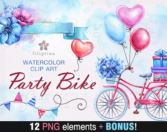 PARTY BIKE watercolor Clip Art. Romantic ride, retro bicycle, balloon, flower, gift. Valentine's day invitation, card making. Read about use