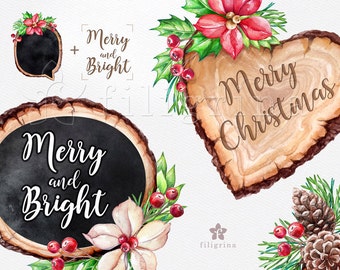 Christmas WATERCOLOR Clip Art. Wood slice tag, chalkboard banner, frame, decor. Rustic greeting card. 12 elements + bonus! Read about usage