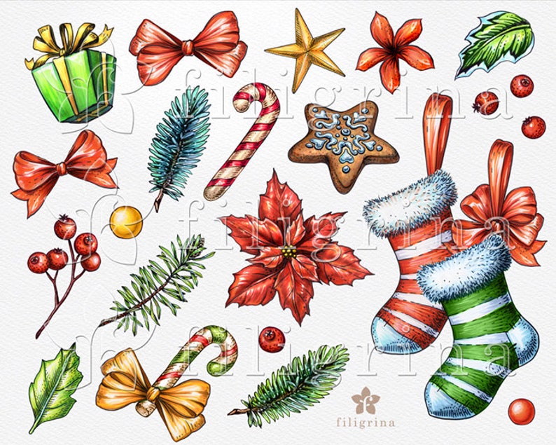 Christmas Stocking WATERCOLOR Clip Art. PNG Elements Holiday - Etsy