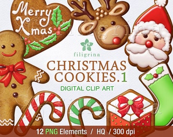 Christmas COOKIES digital clip art. 12 PNG elements. Gingerbread man, deer, Santa Claus, snowman, candy cane, socks, gift. Read about usage