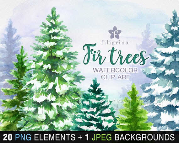 christmas watercolor clip art fir trees conifer coniferous forest winter nature evergreen 20 elements 1 background read about usage christmas watercolor background
