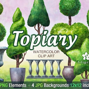 Topiary WATERCOLOR Clip Art. Garden trees, shrub, greenery, grass, pot, urn, hill, landscape. 20 elements, 4 pastel paper. Read about usage image 1