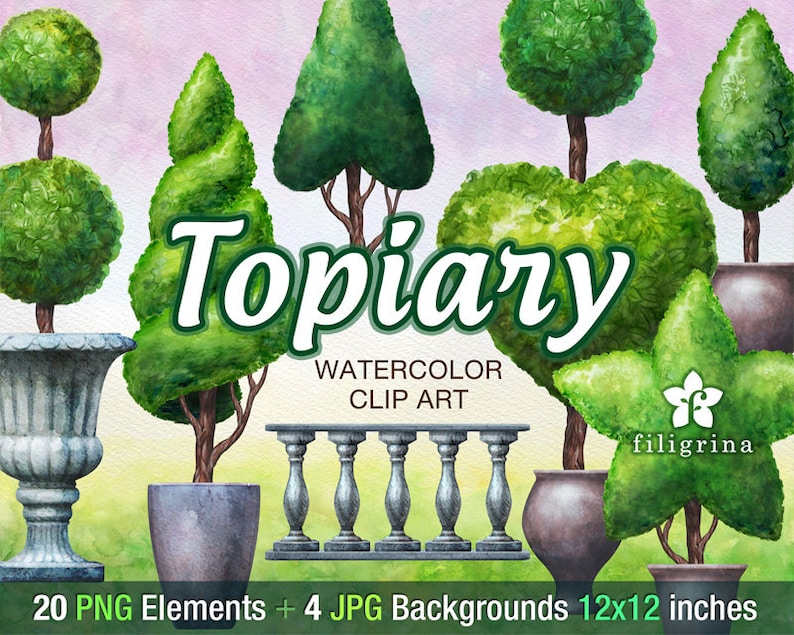 Topiary WATERCOLOR Clip Art. Garden trees, shrub, greenery, grass, pot, urn, hill, landscape. 20 elements, 4 pastel paper. Read about usage image 1