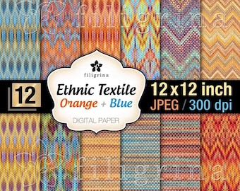 ETHNIC TEXTILE orange blue digital paper. Intricate textures, oriental patterns 12x12 inches, 12 pcs printable background. Commercial use