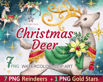 Christmas Deer WATERCOLOR clip art. PNG elements, Christmas decorated reindeer, floral decoration, holiday illustration. Read description