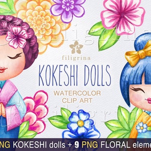 KOKESHI doll watercolor Clip Art. Flowers, leaves, fashion, holiday invitation, nursery, asian doll, cute girl 15 elements. Read about usage image 1