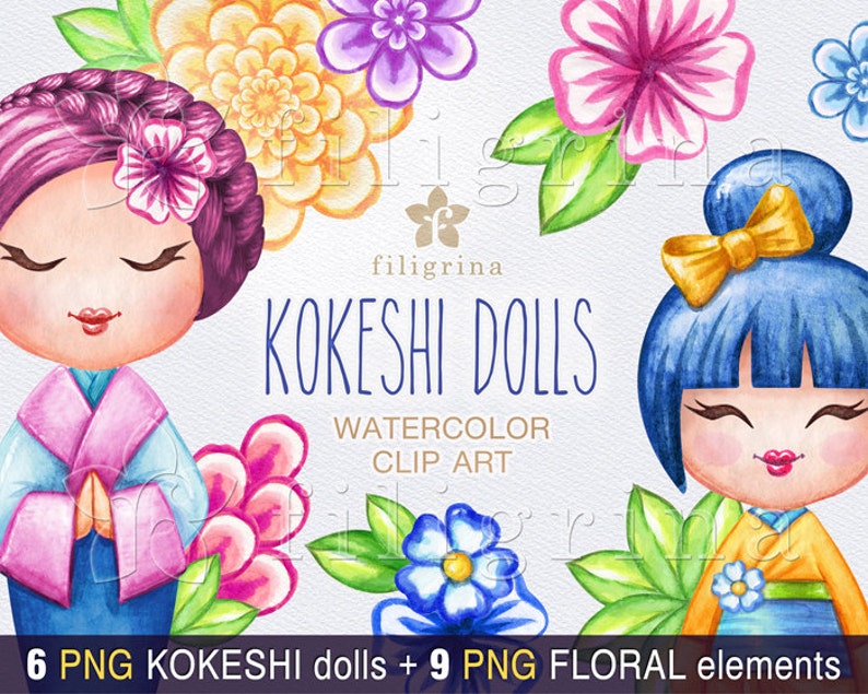 KOKESHI doll watercolor Clip Art. Flowers, leaves, fashion, holiday invitation, nursery, asian doll, cute girl 15 elements. Read about usage image 1