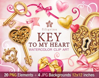 KEY romantic WATERCOLOR Clip Art. Golden lock, heart, bow, curly line, ribbon banner, gift tag. 20 elements, 4 backgrounds. Read about usage