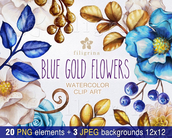 Blue Gold Flowers Watercolor Clip Art Wedding Floral Etsy