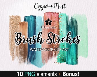 Copper Mint BRUSH STROKES Clip Art. 10 abstract fashion elements, bokeh, sparkles, paint texture, make up, cosmetics palette. Read about use