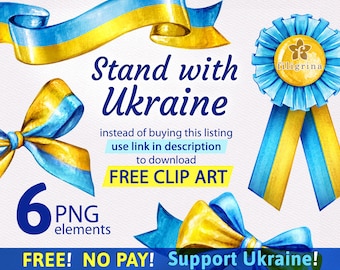 FREE Download - link in description / Stand with Ukraine watercolor Clip Art. RIBBON and Bows design elements in national Ukrainian colors