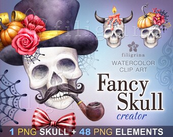 Fancy SKULL creator. Halloween watercolor Clip Art. Personalized PNG elements. Hat, flowers, moustache, embellishments. Read how to use