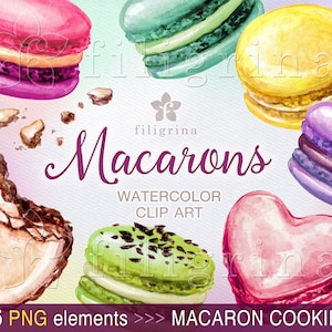 MACARONS watercolor Clip Art. 25 PNG elements. Macaron cookies, macaroons, bisquit, dessert, sweets, tea. Read about how to use commercially