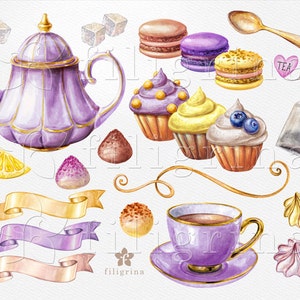 Tea Time watercolor Clip Art. purple yellow Truffle sweets, cupcake, lemon, teapot, cup, praline chocolates, macaroon dessert. 22 elements image 2