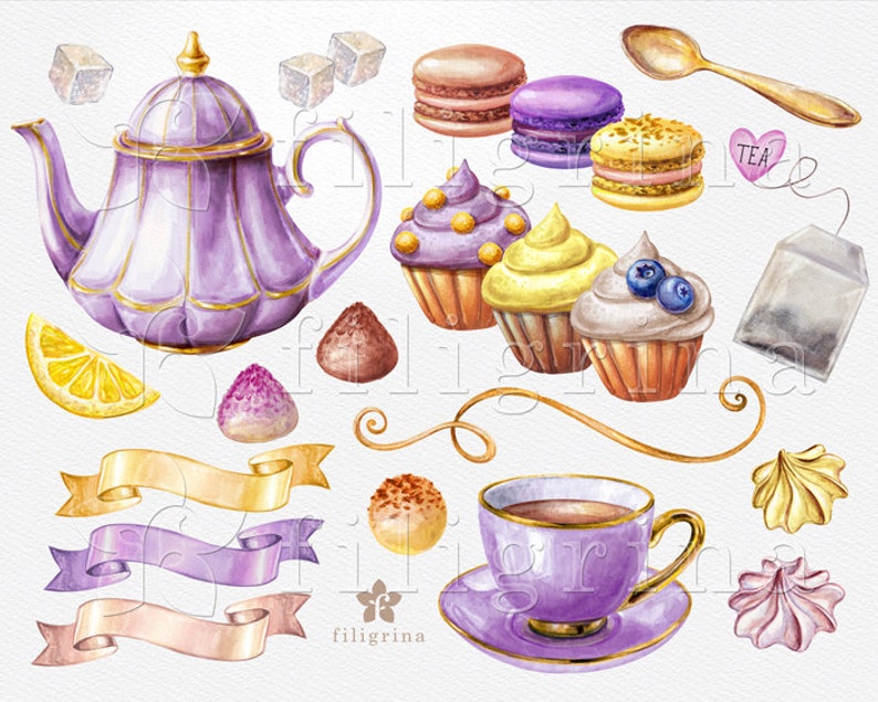 Tea Time watercolor Clip Art. purple yellow Truffle sweets, cupcake, lemon, teapot, cup, praline chocolates, macaroon dessert. 22 elements image 2